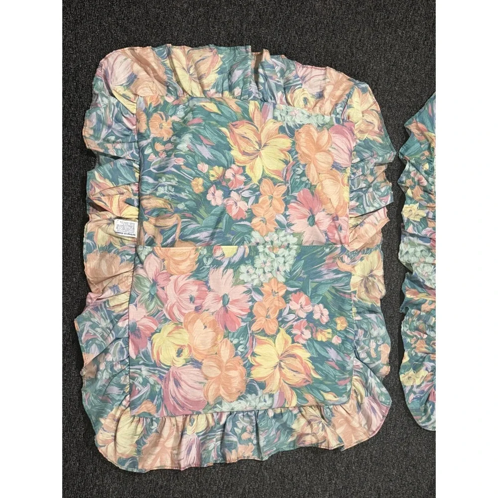 VTG Burlington House‎ Pillow Shams Floral Teal Peach Ruffled Cottagecore 80s 2pc